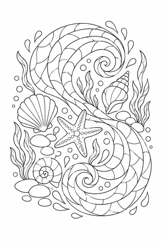 Black outline mosaic pattern of two curling ocean currents, three shells, a starfish, seaweed, stones and bubbles.
