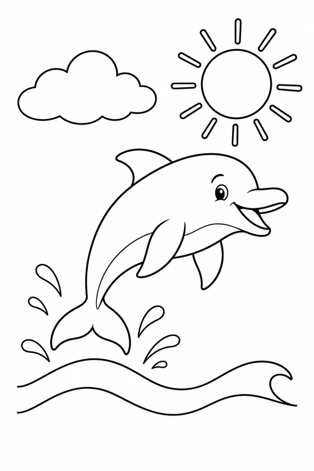 A friendly dolphin with two flippers, a dorsal fin and forked tail leaps above a wave and splash drops beneath a sun and cloud.