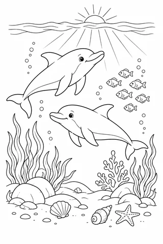 Two dolphins swim underwater beneath surface waves and outlined sun rays, with six small fish, seaweed, shells, a starfish and rounded rocks.