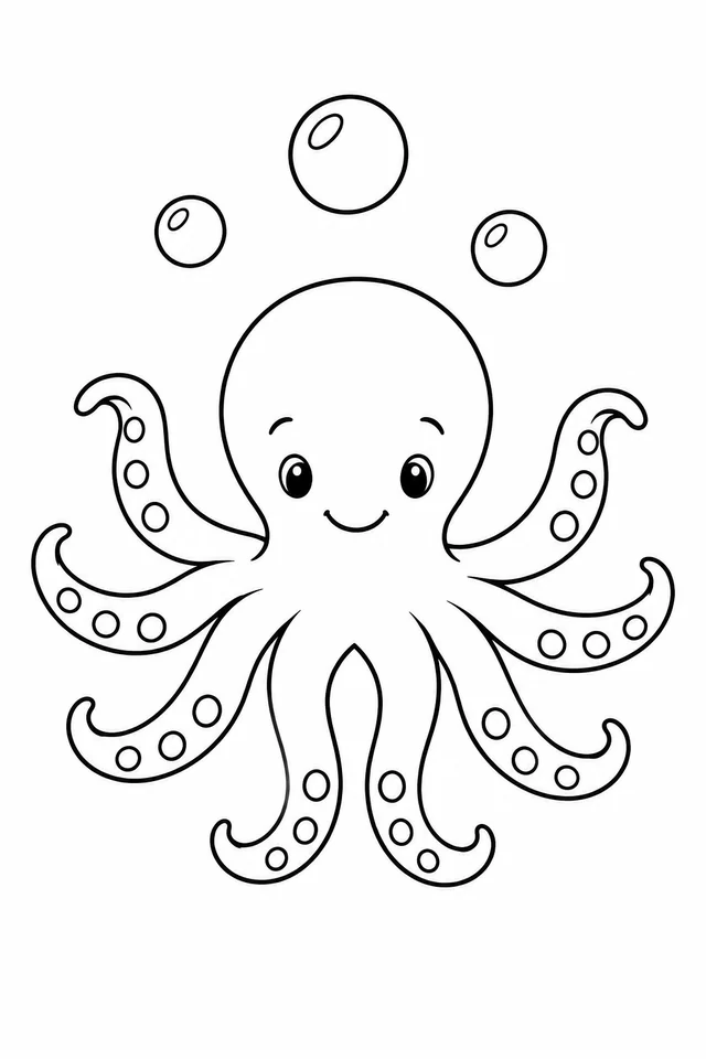A friendly octopus with eight separate curling arms and large suction-cup circles beneath three bubbles.