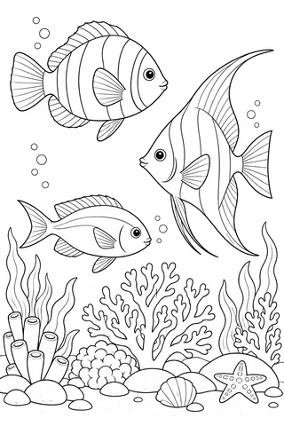 Three differently shaped fish above branching coral, tube-shaped coral, seaweed, rocks, a shell and a starfish.