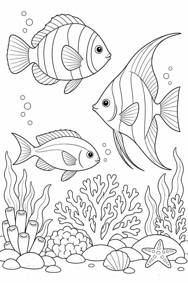Three differently shaped fish above branching coral, tube-shaped coral, seaweed, rocks, a shell and a starfish.