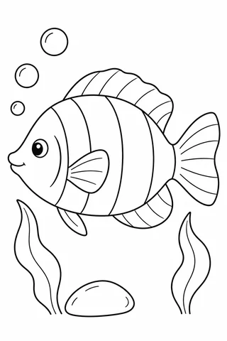Large side-view striped fish with a fan tail and broad fins, three bubbles, two seaweed leaves and a smooth stone.