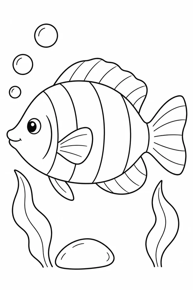Large side-view striped fish with a fan tail and broad fins, three bubbles, two seaweed leaves and a smooth stone.