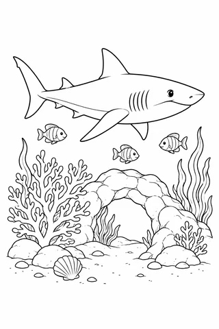 A stylized shark with five gill marks swims above a complete rock arch, with three fish, branching coral, seaweed and a scallop-like shell.