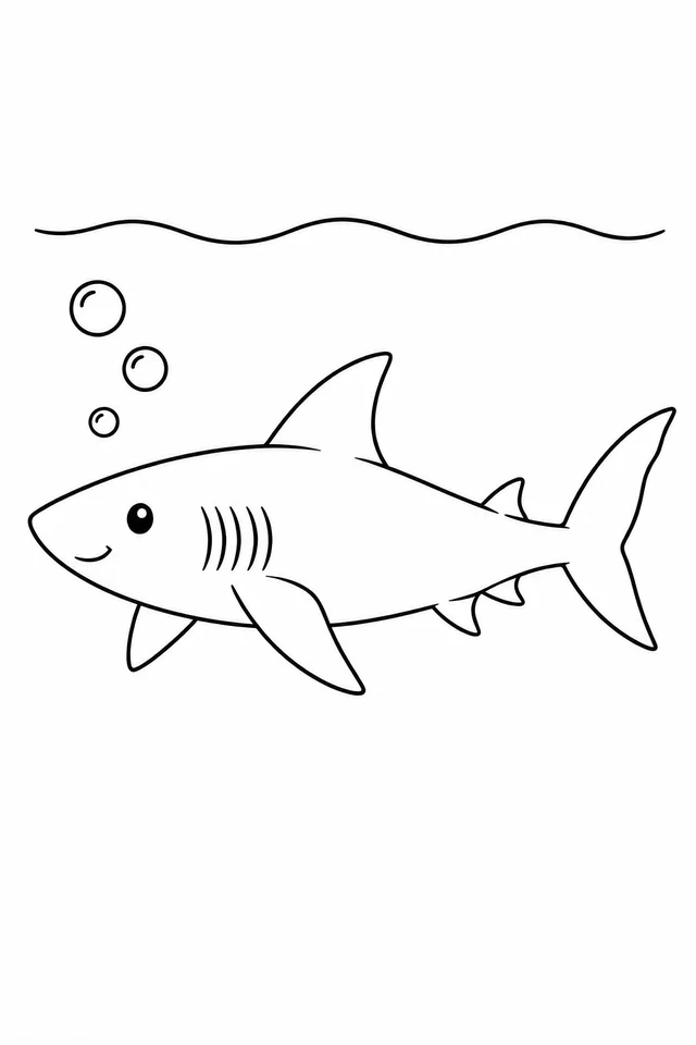 A simple side-view shark with five gill marks, two dorsal fins, attached lower fins and a two-lobed tail swims beside three bubbles.