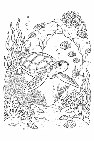 A sea turtle with four flippers swims beside a complete rocky arch, with three small fish, coral fans, branching coral, shells and seaweed.