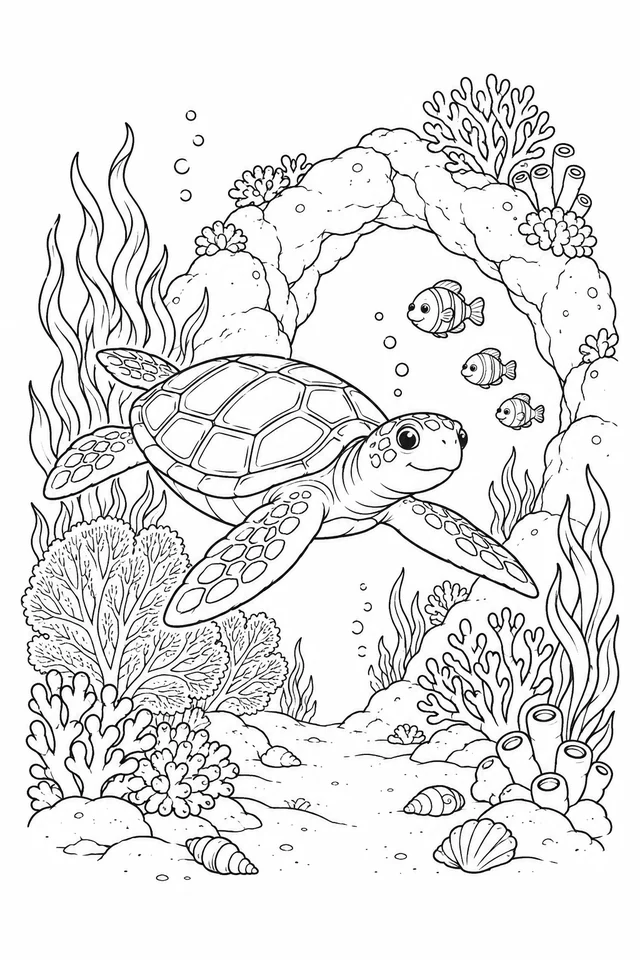 A sea turtle with four flippers swims beside a complete rocky arch, with three small fish, coral fans, branching coral, shells and seaweed.