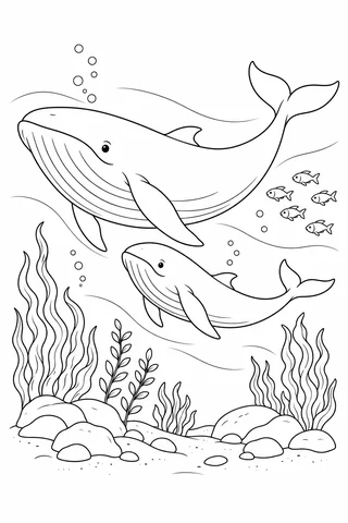 A large whale and calf with broad flippers and forked tail flukes swim above seaweed and rounded rocks, with five small fish and bubbles nearby.