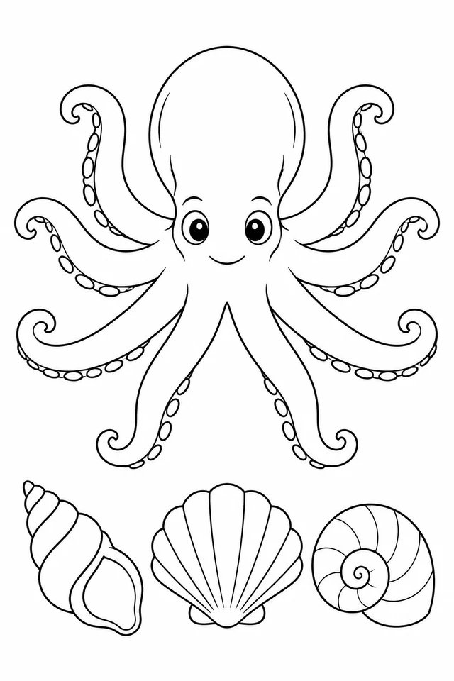 A smiling octopus fans four curled arms to each side above a tall spiral shell, a scallop shell and a round spiral shell.