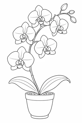 Five orchid flowers and three buds follow a curved stem above two broad leaves and a plain pot.