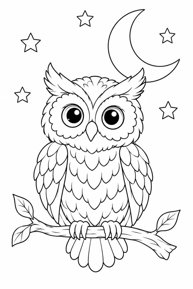 A large-eyed owl perches on a leafy branch below a crescent moon and five outlined stars.