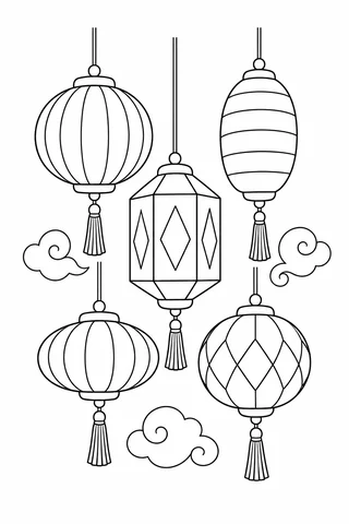 Black outline pattern of five paper lanterns with stripe and diamond panels, hanging cords, tassels and three cloud curls.