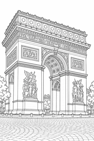 A three-quarter view of an Arc de Triomphe-inspired monument mixes broad stone piers, relief panels and paving.