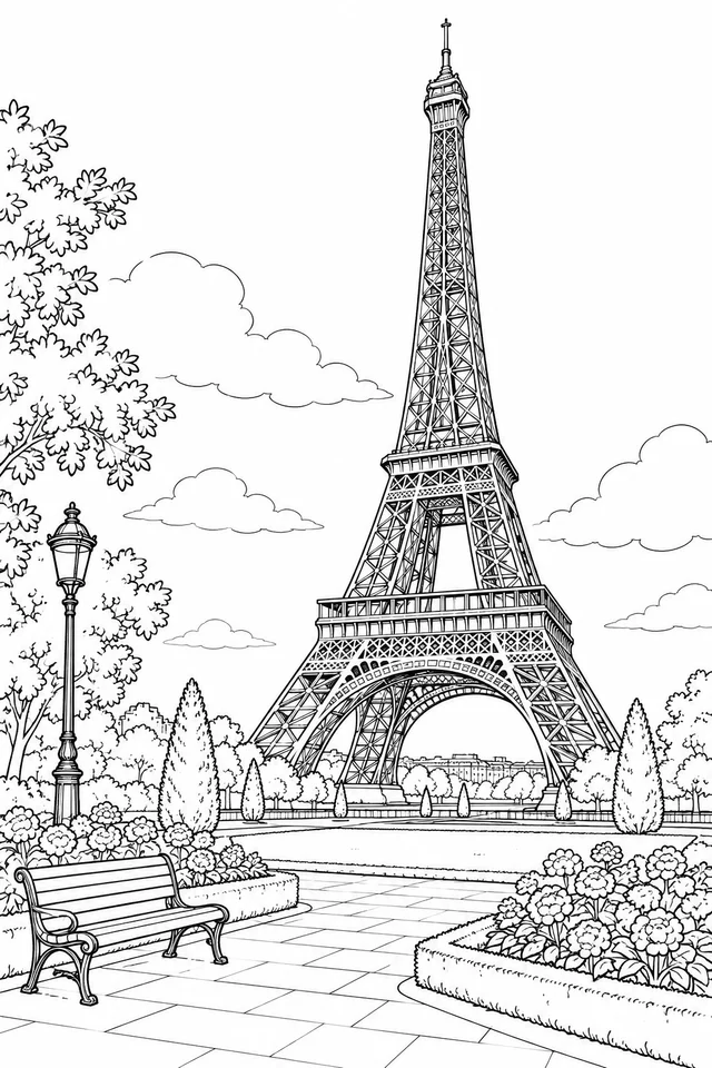 The Eiffel Tower rises above a garden path, flower beds and an empty bench. Selected lattice shapes contrast with broad sky and paving.