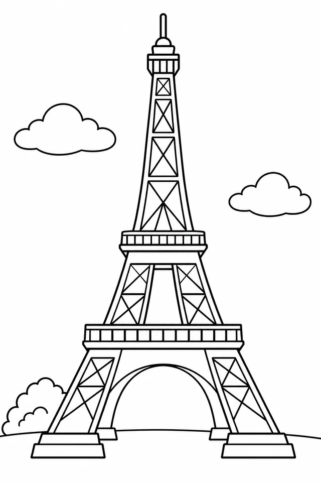 A simplified Eiffel Tower stands between two clouds, with large lattice triangles and a low shrub.