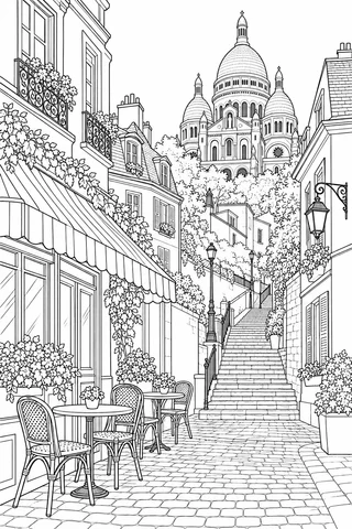 Empty cafe tables and a stepped Paris lane lead toward Sacre-Coeur-inspired domes above tiled and mansard rooftops.