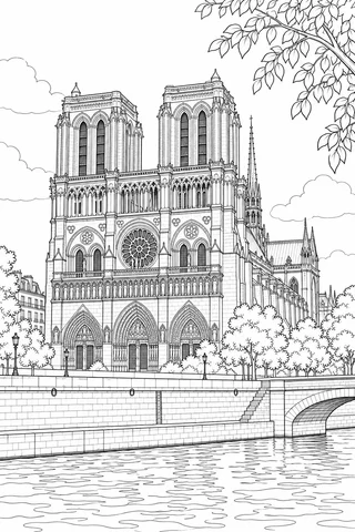 Two square towers and a central rose window overlook an imagined Seine-side quay, with a leafy branch above and ripples below.