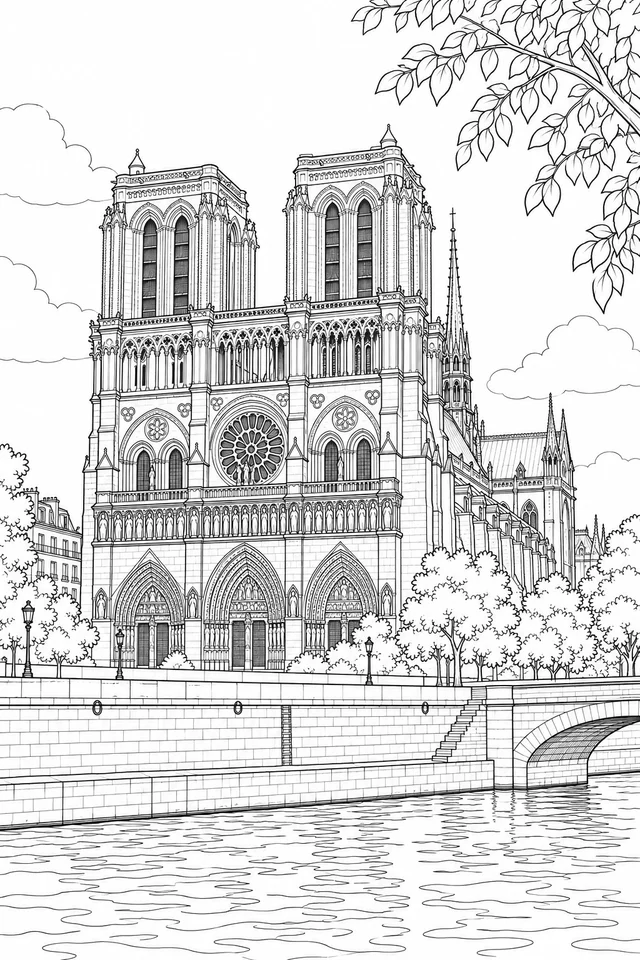 Two square towers and a central rose window overlook an imagined Seine-side quay, with a leafy branch above and ripples below.