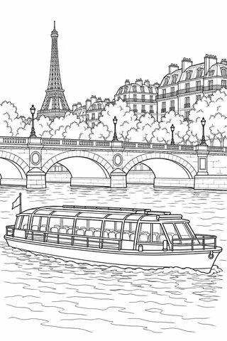 An empty river boat passes an arched bridge, with Paris-inspired rooflines and a distant tower behind.