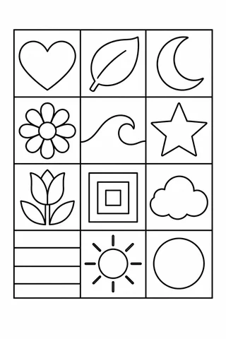 Twelve square panels containing a heart, leaf, moon, flower, wave, star, tulip, squares, cloud, stripes, sun and circle.