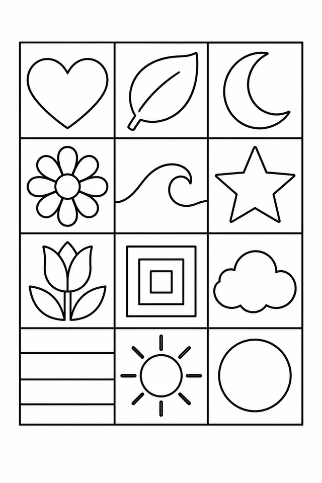Twelve square panels containing a heart, leaf, moon, flower, wave, star, tulip, squares, cloud, stripes, sun and circle.