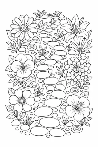 Black outline winding pebble path bordered by six large stylized flowers, leaves, grass tufts and ringed stones.