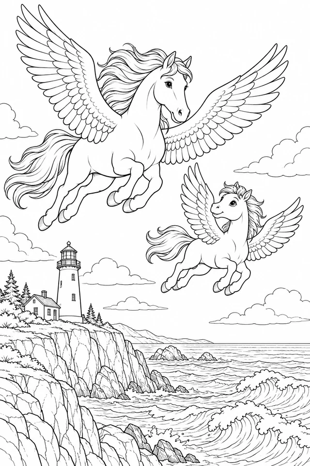 Two hornless winged horses flying above a lighthouse, cliffs and ocean waves, with an adult higher left and a smaller foal lower right.