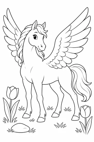 Hornless winged horse standing on four hooves with both feathered wings stretched upward, beside two tulips and a stone.