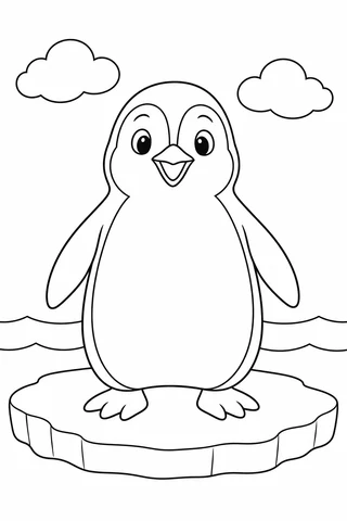 A front-facing penguin with spread flippers stands on an ice floe above ocean lines, with two clouds overhead.