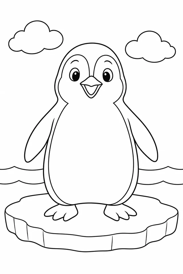 A front-facing penguin with spread flippers stands on an ice floe above ocean lines, with two clouds overhead.