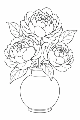 Three layered peony flowers and broad leaves rise from a round, narrow-necked vase.