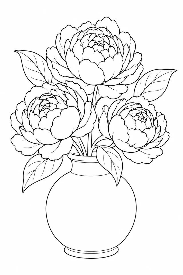Three layered peony flowers and broad leaves rise from a round, narrow-necked vase.