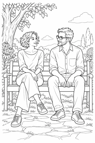 Two adult friends sit on a garden bench facing each other, with hands resting on their knees, flowers, a tree and broad sky areas.