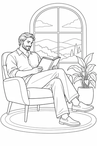 An adult man reads an open book in an armchair beside an arched window, a broad-leaf plant, distant hills and a simple rug.