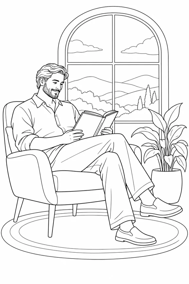 An adult man reads an open book in an armchair beside an arched window, a broad-leaf plant, distant hills and a simple rug.