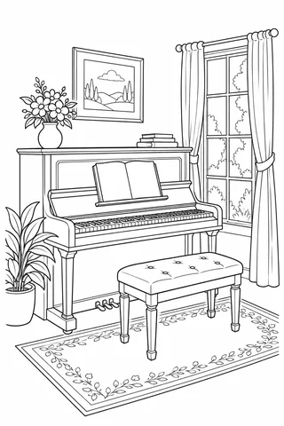Upright piano and padded bench beside a curtained window, plants and a patterned rug.