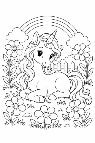 Resting unicorn with a curling mane and tail, five flowers, a low garden fence and a rainbow.
