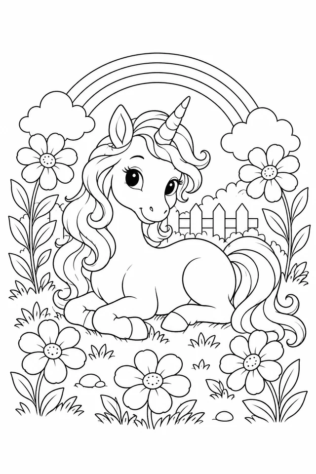Resting unicorn with a curling mane and tail, five flowers, a low garden fence and a rainbow.