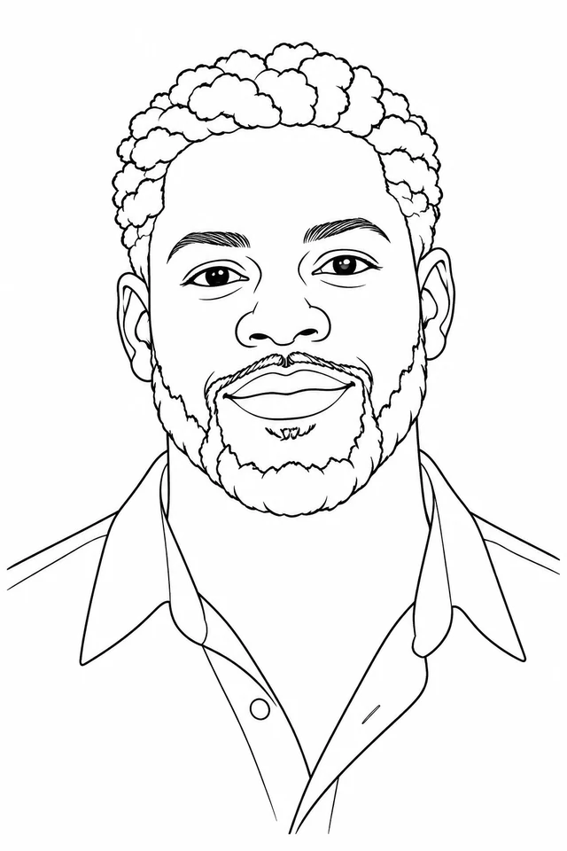 An adult man has short outlined coiled hair clusters, a neatly shaped beard and an open-collar shirt, with broad face regions.