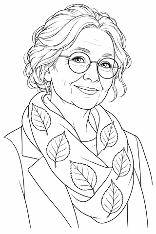 An older woman wears round glasses and a scarf with six outlined leaves, with swept hair shapes and a simple jacket.