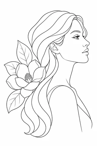 An adult woman in side profile has long hair grouped into broad flowing sections, with one magnolia flower and three leaves at her shoulder.