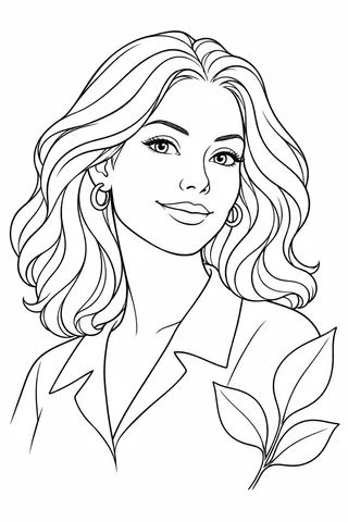An adult woman with broad flowing hair sections, hoop earrings and a simple blouse collar appears beside three large leaves.