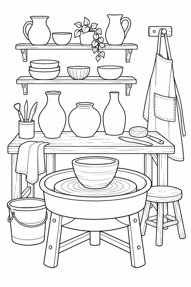 Pottery studio with a bowl on a wheel, shelves of ceramics, workbench, apron and tools.