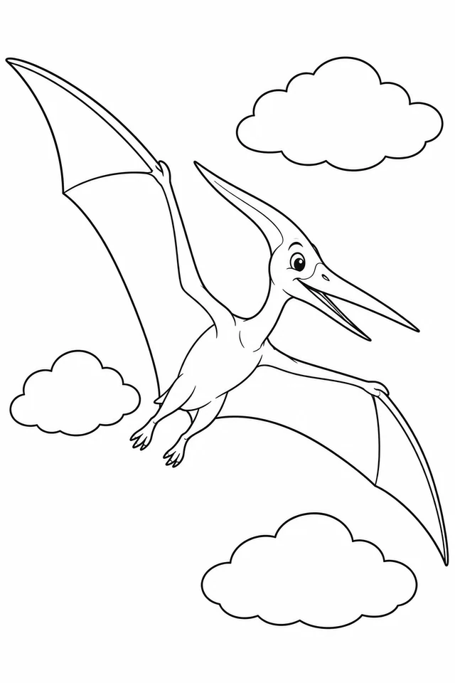 A Pteranodon with a long backward head crest, toothless pointed beak and broad membrane wings flies among three clouds.