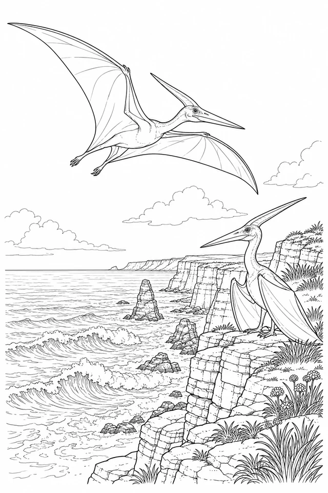 Two crested, toothless Pteranodons appear above a rocky coast, one flying and one resting on a ledge over detailed waves.