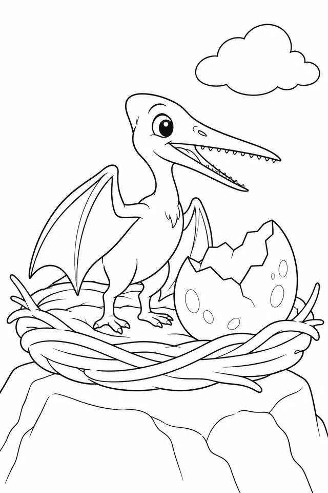 A small Pterodactylus with partly folded membrane wings stands beside a cracked egg in a shallow nest on a rock.