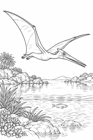 A Pterodactylus with a narrow toothed snout glides above a fish in a lagoon bordered by rocks and coastal plants.