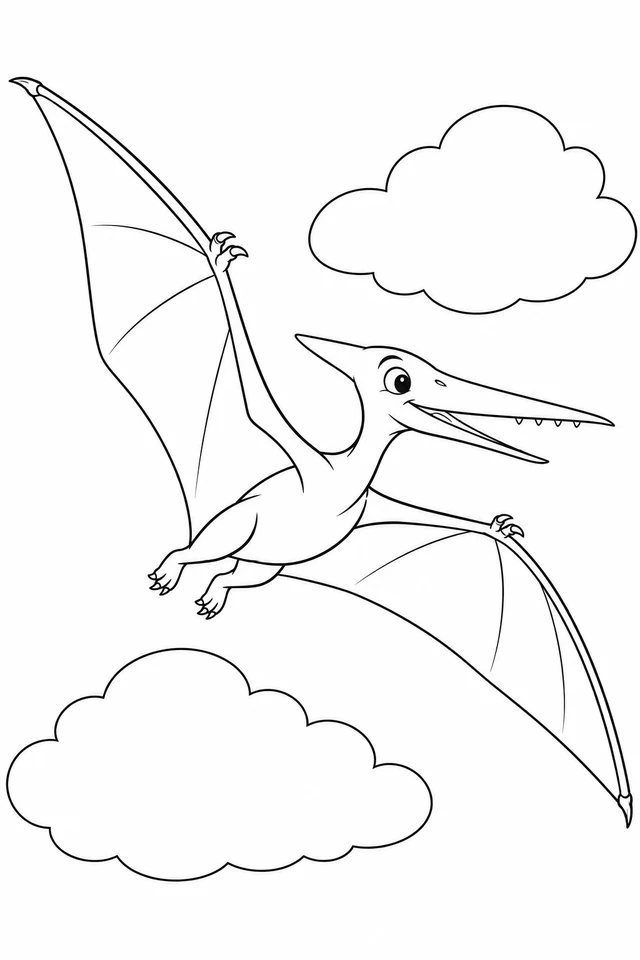 A long-snouted, small-toothed Pterodactylus flies with two outstretched membrane wings, short hindlegs and two broad clouds.