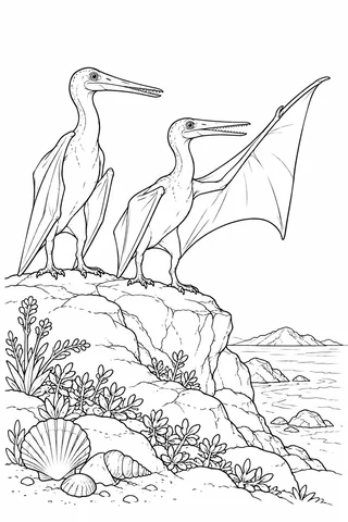 Two narrow-snouted Pterodactylus stand on a rocky ledge above water, with one membrane wing stretched and shells below.